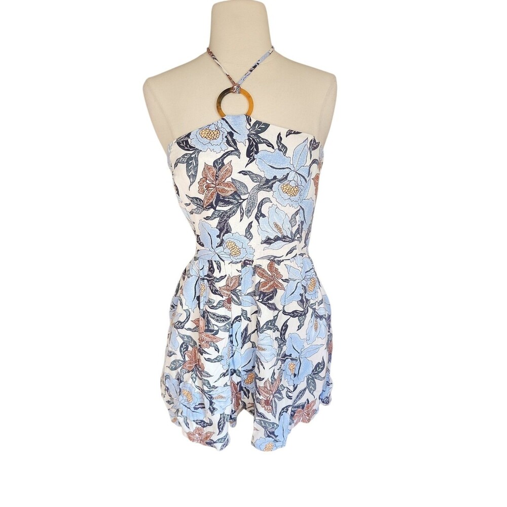 Old Navy Linen Blend O-Ring Halter Romper Womens M Multicolor Floral Tropical